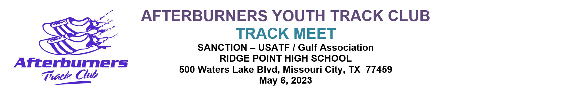 2023 Afterburners Youth Track Club Meet by Afterburners Youth Track Club. A Houston area youth track and field meet on May 6, 2023.