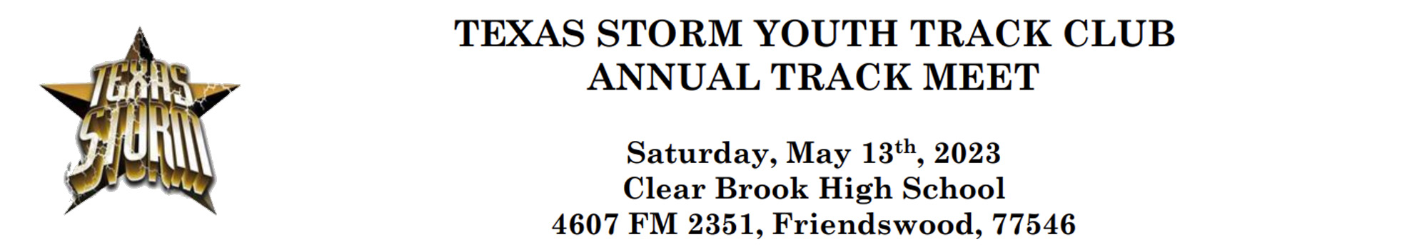 2023 Texas Storm Annual Track Meet by Texas Youth Track Club. A Houston area youth track and field meet on May 13, 2023.